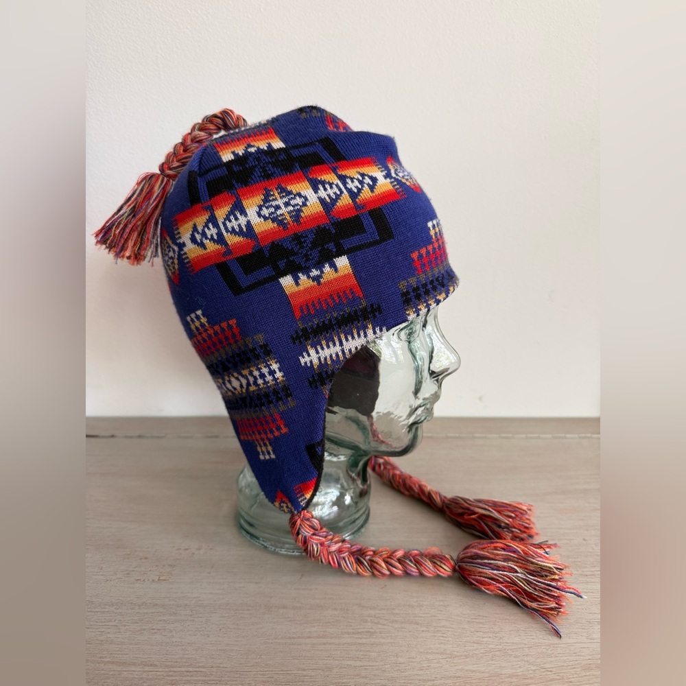 Pendleton Woolen Mills Merino Wool Blue Chullo Ear Flap Beanie Hat Fleece Lined